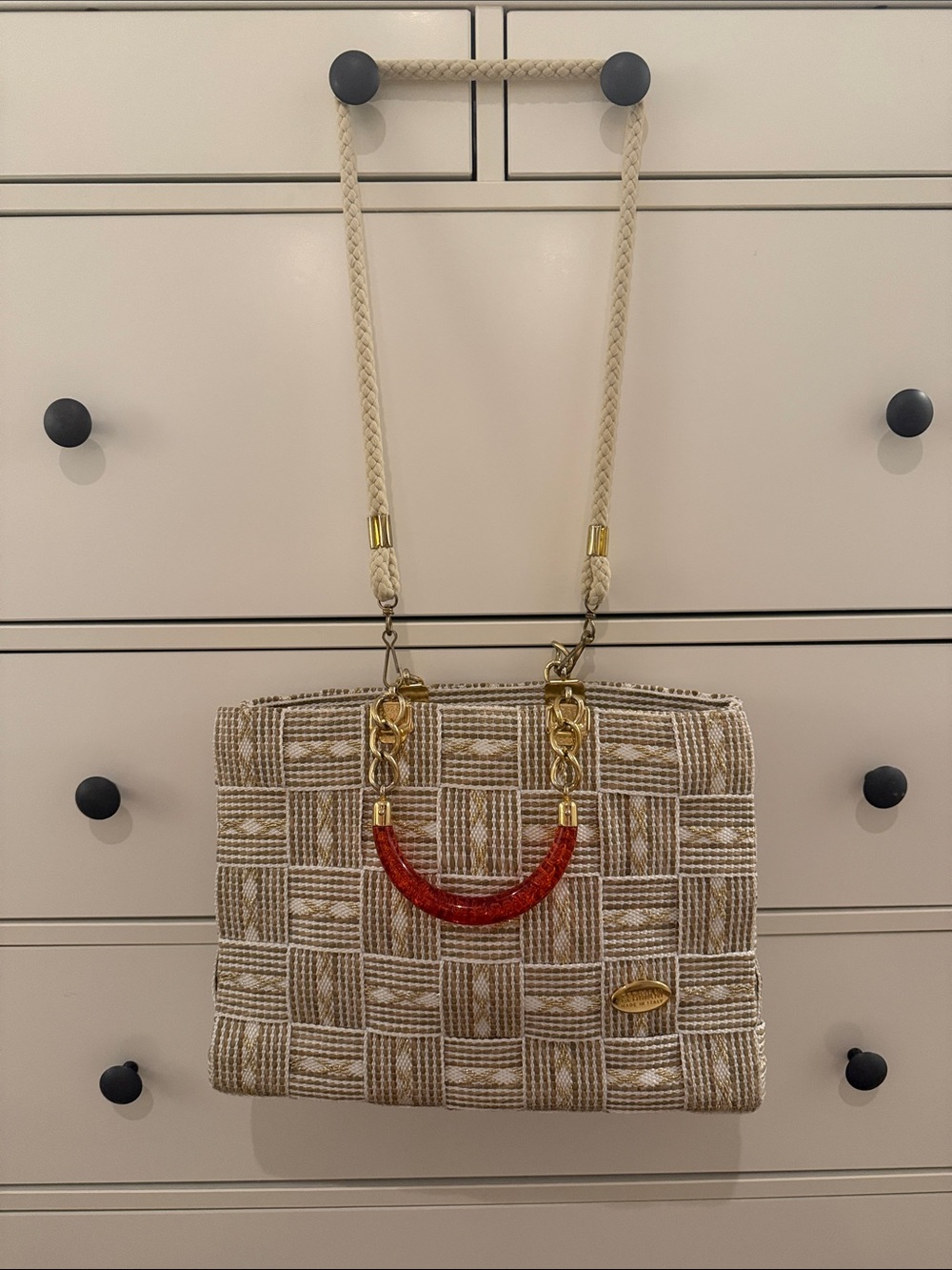 Fermani Vintage Italian Woven Crossbody Handbag with Gold and Amber Accents